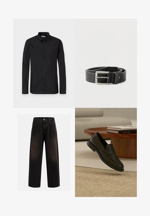 Sorte langærmede skjorte med klassisk krave, lavet af glat stof, med frontknapper og en almindelig pasform.; Sorte denim jeans med en afslappet pasform, der har bæltestropper, fem-lomme design og en knaplukning. Struktureret stof med let falmning.; Sort læderloafer vist i luften over en beige vævet tæppe, med et træbord og stablede bøger i et blødt oplyst stue.; Sort læderbælte med en sølvfarvet rektangulær spænde, der har en glat tekstur og kontrasterende lyse syninger langs kanterne.