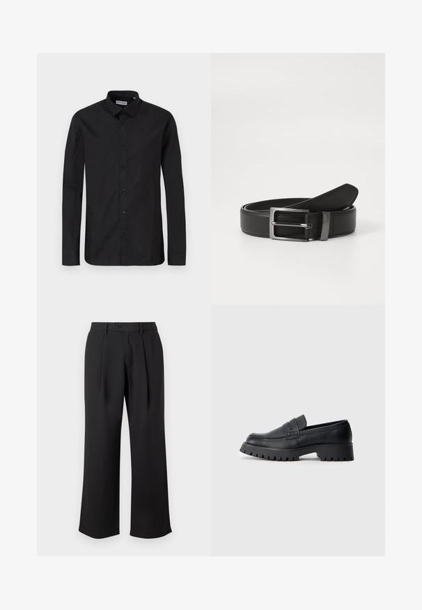 Sorte langærmede skjorte med klassisk krave, lavet af glat stof, med frontknapper og en almindelig pasform.; Sorte vidde bukser lavet af glat stof, med en frontfold, en knaplukning og sidelommer.; Sorte læder loafers med en rund tå, prydet med en dekorativ rem og en kraftig gummisål med dybe riller for grip.; Sort læderbælte med en sølvmetal spænde, der har en glat overflade og et klassisk design. Bæltet er pænt foldet.