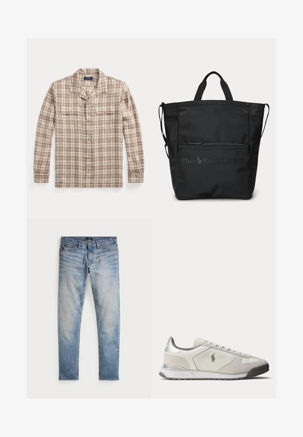 Beige-weiß kariertes Hemd mit langen Ärmeln, Knopfleiste, Kragen und zwei Brusttaschen, Polo Ralph Lauren Etikett sichtbar innen am Kragen.; Helle blaue Denim-Jeans mit einem ausgewaschenen Finish, Fünf-Taschen-Design und kontrastierenden Nähten. Mit Reißverschluss und Gürtelschlaufen. Gerade geschnitten.; Flach profilierte weiße und hellgraue Sneaker mit Polo-Logo an der Seite, Schnürung vorne und silbernem Akzent an der Ferse.; Schwarze Tragetasche mit kurzen Griffen, vorderer Reißverschlusstasche und geprägt Polo Ralph Lauren Logo.