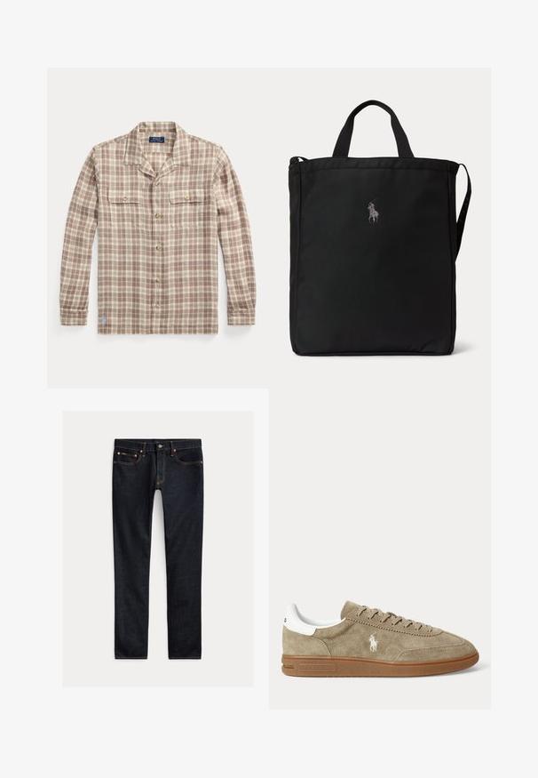 Beige-weiß kariertes Hemd mit langen Ärmeln, Knopfleiste, Kragen und zwei Brusttaschen, Polo Ralph Lauren Etikett sichtbar innen am Kragen.; Dunkelblaue Slim-Fit-Jeans mit fünf Taschen, Knopfverschluss und Kontrastnähten, flach auf hellem Hintergrund ausgelegt.; Beiger Wildleder-Sneaker in niedrigem Schnitt mit brauner Sohle, weißem Fersendetail, Schnürsenkeln und weißem, seitlich gesticktem Polo-Spieler-Logo.; Schwarze rechteckige Tote-Tasche mit kurzen Griffen, einem langen Schulterriemen an der Seite und einem kleinen bestickten Polo-Spieler-Logo in der vorderen Mitte.