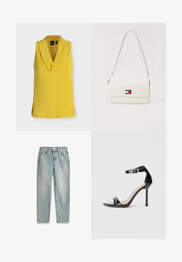 Blouse jaune vif sans manches avec un col en V profond et un large col, en tissu lisse, présentée à plat sur fond blanc.; Jean en denim bleu clair avec une coupe droite, cinq poches et une texture légèrement délavée avec des détails de couture visibles.; Sandale à talon haut en cuir verni noir avec bride à la cheville. Présente un design minimaliste, un bout ouvert et une boucle ornée de strass.; Sac à épaule en simili cuir blanc avec une longue bandoulière, doté d'un rabat magnétique et d'un patch logo bleu, rouge et blanc sur le devant.