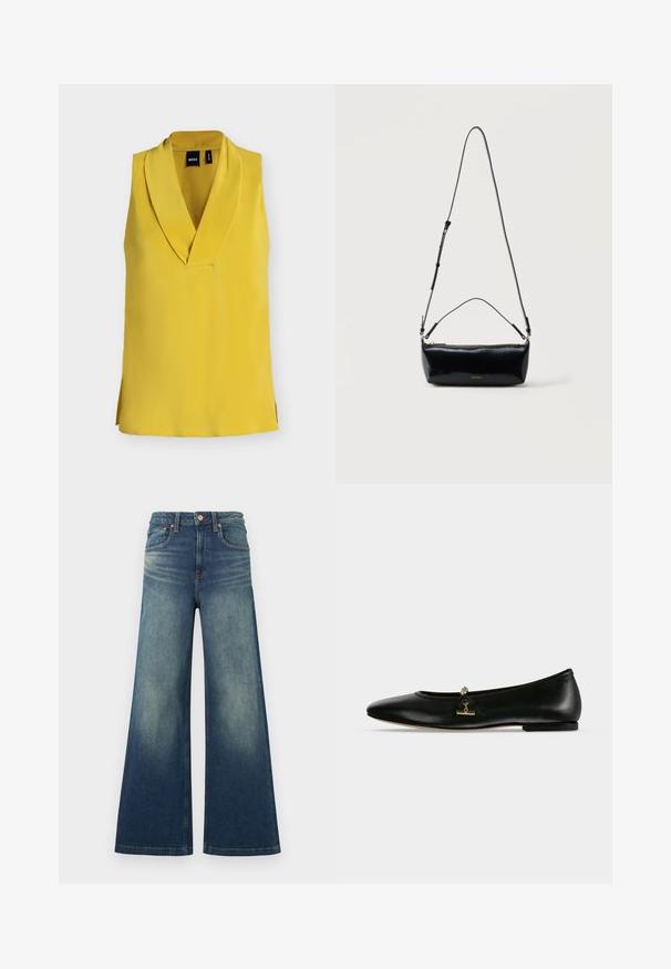 Blouse jaune vif sans manches avec un col en V profond et un large col, en tissu lisse, présentée à plat sur fond blanc.; Jean en denim bleu taille haute avec jambes larges et délavé sur les cuisses, doté de poches avant et d'une fermeture à bouton en cuivre.; Chaussure plate en cuir noir avec une petite chaîne dorée et un détail barre sur le dessus, bout arrondi et talon bas.; Sac bandoulière rectangulaire en cuir noir avec bandoulière ajustable, fermeture éclair sur le dessus et petit logo Calvin Klein doré sur le devant.