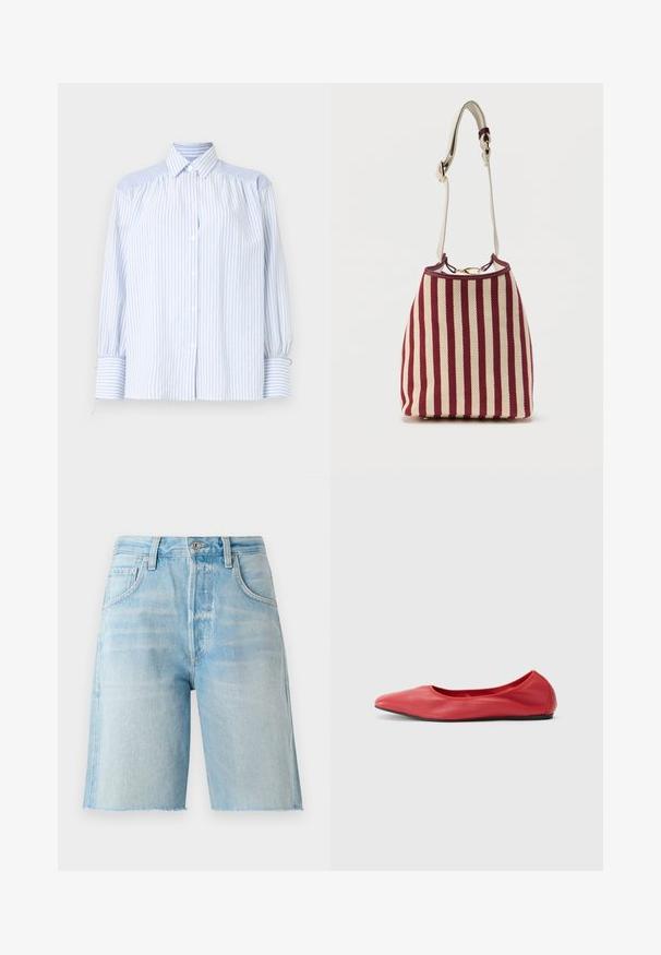 Lichtblauw gestreept overhemd met knopen, een kraag, opgeblazen mouwen en elastische manchetten. Gelaagde schouderaccenten contrasteren met de gladde stof.; Lichtblau denim shorts met een hoge taille, vijf zakken en een ruwe zoom. Zachte textuur en klassieke snit, geschikt voor casual kleding.; Filippa K REY FLATS - Ballerina's - bright red; Schoudertas met rode en beige verticale strepen, gouden hardware en een verstelbare crèmekleurige riem met gevlochten detail.