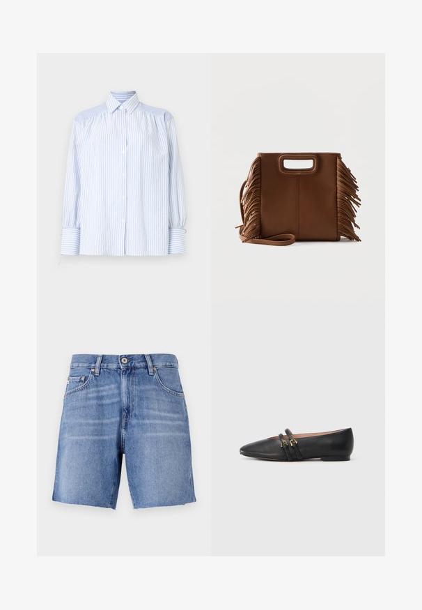 Lichtblauw gestreept overhemd met knopen, een kraag, opgeblazen mouwen en elastische manchetten. Gelaagde schouderaccenten contrasteren met de gladde stof.; Lichtblauwe denimshorts met een recht model, verbrokkelde zoom, vijf zakken en sluiting met een metalen knoop. De stof heeft een gladde textuur met een lichte vervaging.; Zwarte leren platte schoenen met een spitse neus, voorzien van twee zwarte banden met gouden accenten. Soepele textuur en lage hak.; Bruine leren handtas met rechthoekige uitgesneden handvatten, lange band en franjes aan beide zijden tegen een effen achtergrond.