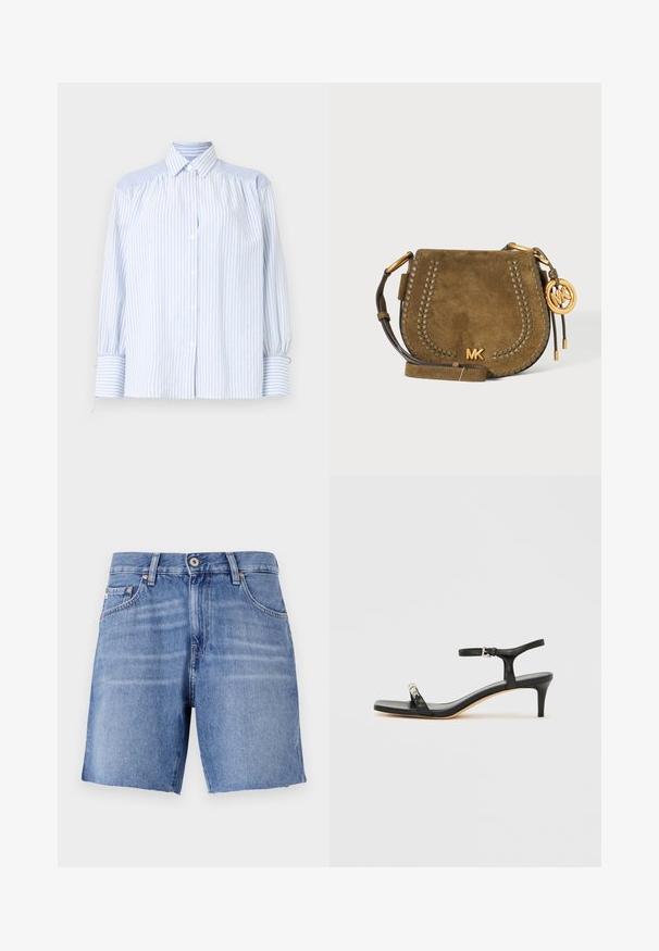 Lichtblauw gestreept overhemd met knopen, een kraag, opgeblazen mouwen en elastische manchetten. Gelaagde schouderaccenten contrasteren met de gladde stof.; Lichtblauwe denimshorts met een recht model, verbrokkelde zoom, vijf zakken en sluiting met een metalen knoop. De stof heeft een gladde textuur met een lichte vervaging.; Zwarte leren sandaal met hak, enkelbandje, open neus, vierkante voorkant en zilverkleurige accenten. Gesloten ontwerp met een slank profiel.; Olijfgroene suède crossbodytas met gevlochten rand, verstelbare band en goudkleurig MK-logo en bedel op lichte achtergrond.