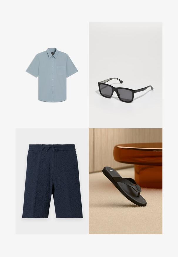 Chemise bleu clair à manches courtes avec boutons, poche avant et col pointu, étalée à plat sur un fond blanc.; Shorts bleu marine en tissu texturé avec taille élastique et lien à l'avant, longueur genou, style décontracté.; Sandale noire BOSS type tongs sur un tapis beige avec une grande table ronde couleur ambre en arrière-plan.; BOSS Lunettes de soleil - black