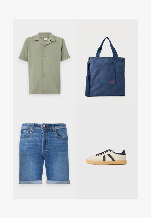 Kortærmet skjorte i lysegrøn, lavet af tekstureret stof med en klippet krave og seks knaplukninger foran. Omslagte ærmer giver en afslappet pasform.; Denim shorts i en mellemmel tone med opkrøllede manchetter, fem-lomme design, messingknaplukning og kontraststing.; Casual sneakers i creme med sorte striber, med en tekstureret overdel og sål i gummigummi. Snørebåndene er sorte. Diskret logo på siden.; Blå lærredstote taske med frontlomme og rød "O.N.S" broderi, med to håndtag og en justerbar skulderrem.