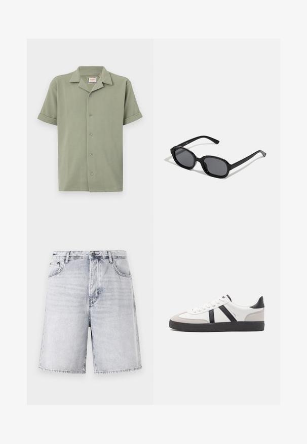 Chemise à manches courtes de couleur vert clair, en tissu texturé, avec un col en V et une fermeture à six boutons sur le devant. Les manches retroussées offrent une coupe décontractée.; Shorts en denim gris clair avec une finition légèrement délavée. Comprend cinq poches, des passants de ceinture et une fermeture éclair avec un bouton.; Baskets blanches avec des accents noirs et gris, présentant un embout texturé gris, une semelle en caoutchouc noir et des lacets plats blancs. Design épuré, style minimaliste.; Zign by Zalando Lunettes de soleil - black