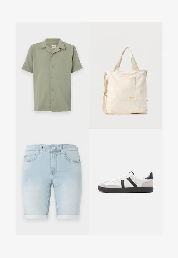 Korte mouwen shirt in lichtgroen, gemaakt van textuurstof met een ingesneden kraag en een zes-knopen sluiting aan de voorkant. Opgerolde mouwen zorgen voor een ontspannen pasvorm.; Lichtblauwe denim shorts met een opgerolde zoom, klassiek vijf-pocket ontwerp en een knoopsluiting aan de voorkant. Soepele textuur met een lichte vervaging.; Witte sneaker met zwarte en grijze accenten, voorzien van een grijze neus met textuur, zwarte rubberen zool en platte witte veters. Schoon ontwerp, minimalistische stijl.; Crèmekleurige canvas boodschappentas met voorvak, twee handvatten, verstelbare schouderriem en kleine gele "O.N.S" tekst rechtsonder op het vak.