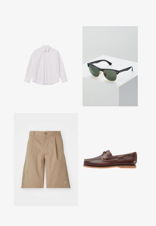Chemise blanche à manches longues avec de fines rayures verticales grises et une poche poitrine sur fond uni.; Shorts en coton beige avec une coupe droite, des plis à l'avant et une fermeture à un seul bouton. Présente un logo discret sur le côté inférieur gauche.; Chaussure bateau en cuir marron avec coutures blanches, détails de lacets et semelle en caoutchouc beige, vue de côté sur fond blanc.; Lunettes de soleil Ray-Ban avec des verres verts, monture en plastique noir et accents dorés sur les bords. Forme carrée avec une finition mate.