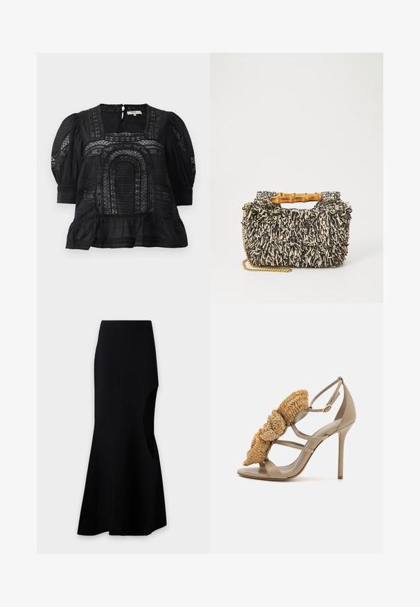Blouse noire avec un décolleté carré, des manches bouffantes, un tissu texturé, des détails en dentelle et un ourlet froncé. Fermeture en clé au dos visible.; Jupe longue noire taille haute avec un ourlet asymétrique et une grande découpe latérale droite sur un fond uni.; Sandale à talon aiguille beige avec un accent en paille tissée à l'avant, dotée d'un design à lanières et d'un dos fermé. Tige et semelle en cuir lisse.; Sac tissé avec un motif texturé noir et crème, une poignée en bambou et une bandoulière en chaîne dorée amovible. Forme rectangulaire compacte.