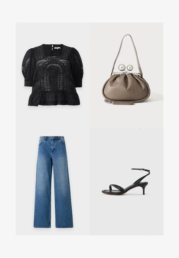 Blouse noire avec un décolleté carré, des manches bouffantes, un tissu texturé, des détails en dentelle et un ourlet froncé. Fermeture en clé au dos visible.; Jean large en denim bleu. Caractérisés par une taille haute, cinq poches et une fermeture par bouton à l'avant. Texture lisse avec un léger dégradé.; Sandale pour femme en cuir noir avec fines lanières, une boucle d'orteil, une boucle à la cheville et un talon aiguille de hauteur moyenne sur un fond neutre.; Sac à main en cuir gris de forme arrondie, fermeture supérieure avec deux grandes sphères argentées, et une seule anse.