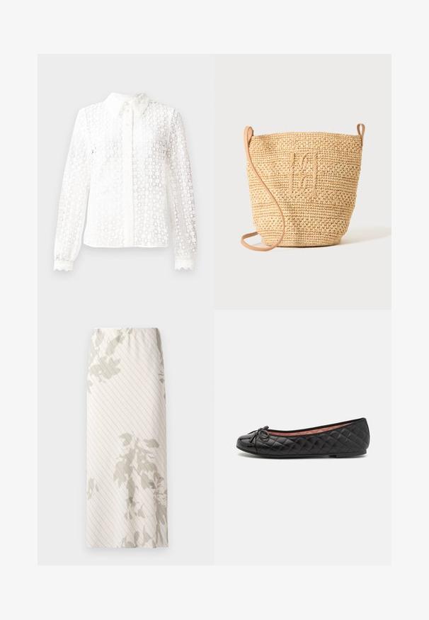 Hvid bluse lavet af lace-lignende stof med en klassisk krave, lange ærmer med scalloped manchetter og en knaplukning foran med dekorative detaljer.; Hvid nederdel med et smalt stribemønster og lysegrå blomsterdesigns. Elastisk talje for en behagelig pasform.; Sorte balletflade i kviltet patenteret læder. Har en rund tå, en lille sløjfedetalje og en glat sål med minimal struktur.; Vævet stråbuckettaske med struktureret mønster og læderrem, vist oprejst på en ensfarvet lys baggrund.