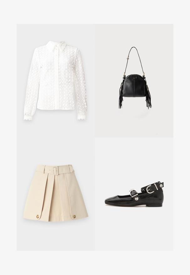 Witte blouse van een materialen met kantachtige stijl, voorzien van een klassieke kraag, lange mouwen met golvende manchetten en een knoopsluiting aan de voorkant met decoratieve accenten.; Beige plissées rok met een aangesloten taille, brede riemlussen en knoopaccenten op de zoom. Gemaakt van glad, lichtgewicht materiaal.; Zwarte gepatineerde leren platte schoen met een vierkante neus, enkelband met zilverkleurige hardware en platte zool. Gladde textuur met minimalistisch ontwerp.; Zwarte leren handtas met een gebogen vorm, lange verstelbare band en franjes aan beide zijden tegen een lichte achtergrond.