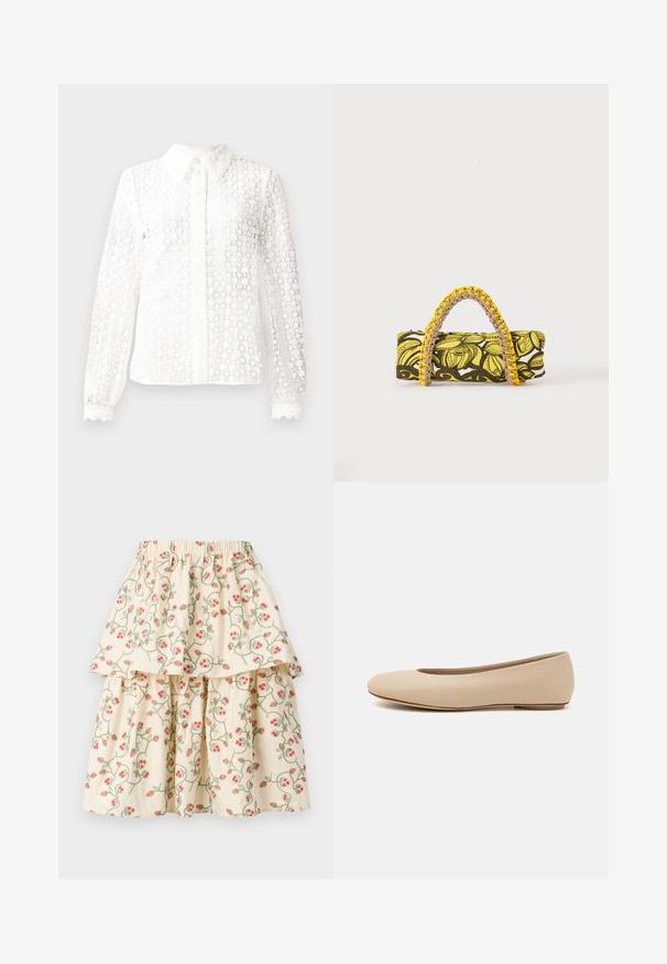 Hvid bluse lavet af lace-lignende stof med en klassisk krave, lange ærmer med scalloped manchetter og en knaplukning foran med dekorative detaljer.; Cremefarvet lagdelt nederdel med et blomsterdesign af røde jordbær og grønne vinstokke. Elastisk talje for komfort og pasform.; Beige læder balletflade med afrundet tå, minimal sømdetaljering, lav hæl og subtilt logo på bagsiden. Glat, mat tekstur.; Rektangulær taske med gult og sort blomsterprint og flettet gul og pink hank på hvid baggrund.
