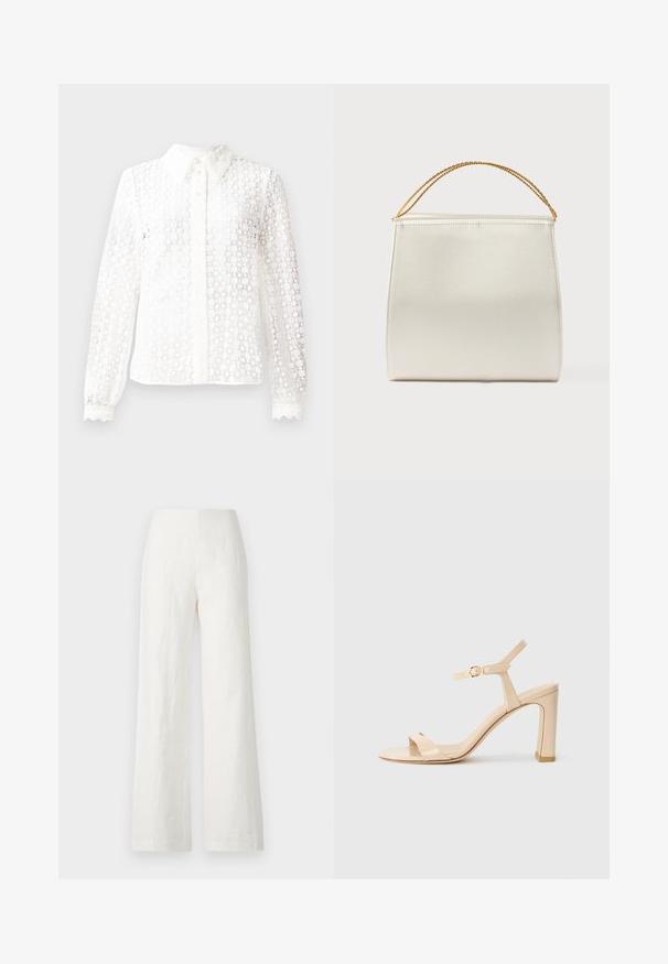 Witte blouse van een materialen met kantachtige stijl, voorzien van een klassieke kraag, lange mouwen met golvende manchetten en een knoopsluiting aan de voorkant met decoratieve accenten.; Witte linnen broek met wijde pijpen, een zachte textuur en een hoge taille. Heeft een eenvoudige en strakke silhouet zonder versieringen.; Beige hoge hak sandaal met enkelbandje en gouden gesp, open teen, en blokhak op een witte achtergrond.; Gestructureerde handtas met satijnen afwerking, crèmekleurig, met een schouderriem van ketting. Kenmerkt zich door een vlakke, gladde textuur en nette naden.