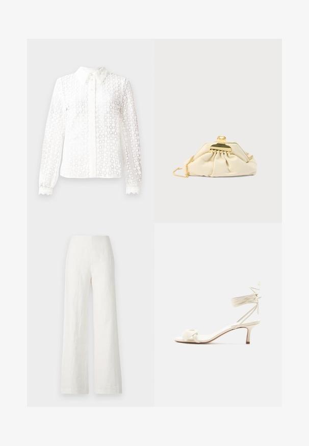 Witte blouse van een materialen met kantachtige stijl, voorzien van een klassieke kraag, lange mouwen met golvende manchetten en een knoopsluiting aan de voorkant met decoratieve accenten.; Witte linnen broek met wijde pijpen, een zachte textuur en een hoge taille. Heeft een eenvoudige en strakke silhouet zonder versieringen.; Roomkleurige sandalen met lage hak, enkelriempjes en een brede gedraaide band over de tenen, op een effen witte achtergrond.; Crèmekleurige clutch gemaakt van zacht materiaal, met een gouden sluiting en kettingriem, met een geplooid ontwerp op het lichaam.