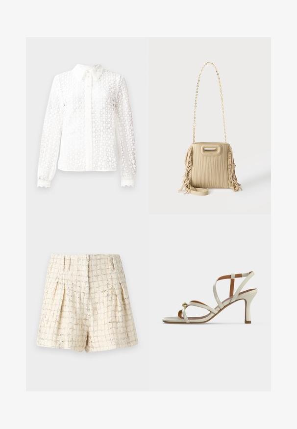Hvid bluse lavet af lace-lignende stof med en klassisk krave, lange ærmer med scalloped manchetter og en knaplukning foran med dekorative detaljer.; Iro XAGA - Shorts - ecru/silver; Beige hæl-sandal med tynde stropper, der krydser over foden, og en lille gylden dekorativ kugle nær tåområdet.; Beige quiltet håndtaske med frynser detaljer på siderne, en guldkæde skulderrem, og en lille top-håndtag udskæring.