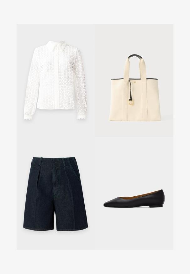 Hvid bluse lavet af lace-lignende stof med en klassisk krave, lange ærmer med scalloped manchetter og en knaplukning foran med dekorative detaljer.; Denimshorts med en mørk vask, der har folder, sidelommer og kontrasterende grøn syning langs sømmene.; Sort læder flad sko med spids tå, lav hæl og glat finish, vist fra siden på en lysegrå baggrund.; Grå lærredstaske med brede stropper, sort kantet håndtag og guldringdetalje hængende foran i midten.