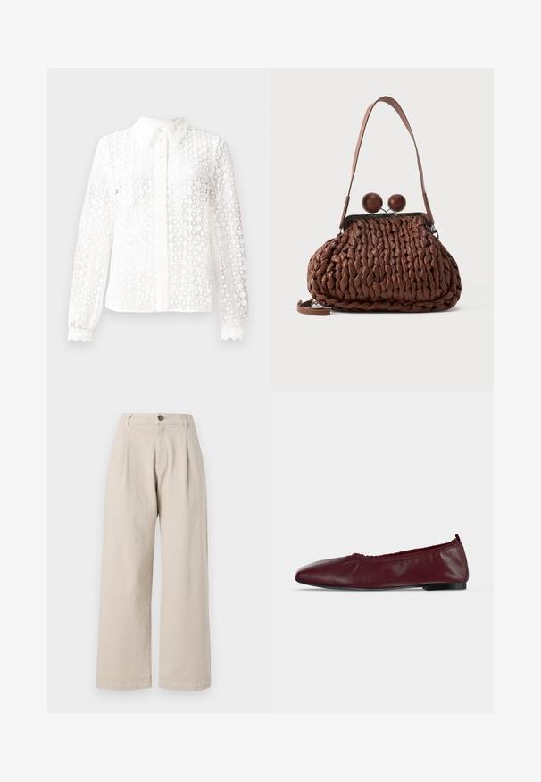 Hvid bluse lavet af lace-lignende stof med en klassisk krave, lange ærmer med scalloped manchetter og en knaplukning foran med dekorative detaljer.; Beige vidde bukser med høj talje, frontfolder, enkelt knaplukning og en glat stofftekstur.; Bourgogne læder balletflad sko med samlet elastisk topkant og tynd sort sål på hvid baggrund.; Brun flettet læderhåndtaske med en enkelt strop og to store runde trælukninger på toppen.