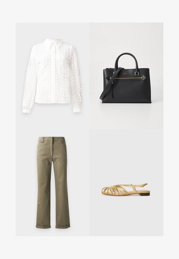 Witte blouse van een materialen met kantachtige stijl, voorzien van een klassieke kraag, lange mouwen met golvende manchetten en een knoopsluiting aan de voorkant met decoratieve accenten.; Tan wijdvallende broek van een zachte stof. Beschikt over een oprolbare zoom, zijzakken en een ritssluiting met knoopsluiting.; Gouden metallic platte sandaal met open teenontwerp, voorzien van kruislings gespen en een lage hak. Zachte textuur en minimalistische accenten.; Zwarte leren handtas met twee bovenhandvatten, een afneembare schouderband, gouden hardware en een voorzak met rits. Gladde textuur, gestructureerde vorm.