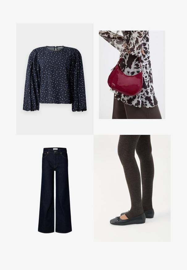Blusa floral marina, con mangas largas abullonadas, escote redondo con borde en forma de ondas, presenta pequeños patrones florales en rosa y verde sobre una tela suave.; Vaqueros de mezclilla azul oscuro con pernera ancha, cierre delantero con botón y cremallera, trabillas para cinturón y bolsillos delanteros, mostrados sobre un fondo blanco.; Piernas con leggings oscuros acanalados combinados con bailarinas negras que presentan pequeños detalles de lazo sobre un fondo blanco.; Mujer con blusa de estampado en blanco y negro sosteniendo un bolso de hombro rojo brillante sobre un fondo liso.