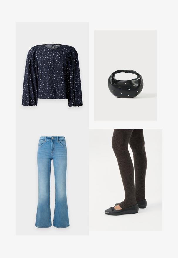 Mørkeblå blomstret bluse, lange puffede ærmer, rund halsudskæring med bølget kant, prydet med små lyserøde og grønne blomster på blødt stof.; Lyseblå denim flare jeans med forlommer, bæltestropper og knaplukning mod en hvid baggrund.; Ben iført mørke ribbede leggings kombineret med sorte balletsko med små sløjfedetaljer på hvid baggrund.; Sort læderhåndtaske med en rundet form, dekoreret med sølvnitter, og et kort håndtag. Glat tekstur og lynlåslukning.
