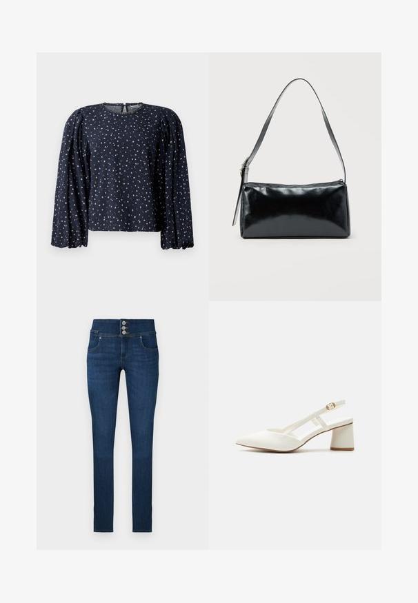 Mørkeblå blomstret bluse, lange puffede ærmer, rund halsudskæring med bølget kant, prydet med små lyserøde og grønne blomster på blødt stof.; Smaltsiddende jeans i mørk denim med høj talje, med fem-knaps lukning, fem lommer og minimal falmen.; Hvid lav blokhæl med slingback sko med spids tå, tynd justerbar rem og gulddetalje på en ensfarvet baggrund.; Sort rektangulær skuldertaske med en enkelt justerbar rem og lynlås i toppen på en ensfarvet baggrund.