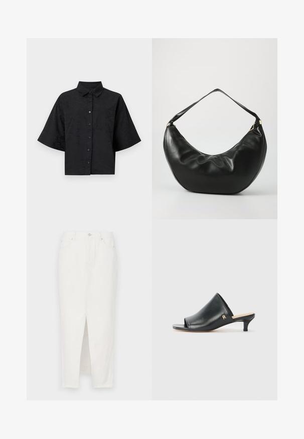 Sort cropped skjorte med krave, korte ærmer, knaplukning og subtil bølget teksturdetalje. Har en enkelt brystlomme.; Hvid denimnederdel med et frontslids, der har en knap- og lynlåslukning, fem lommer og en rå kant nederst.; Sorte læder open-toe mules med en lav hæl. Har en glat overflade og et guld logo-prim på siden.; Sort læder skuldertaske med en buet form, blød tekstur og en enkelt rem; har en guldbeslået lynlås og diskret branding.