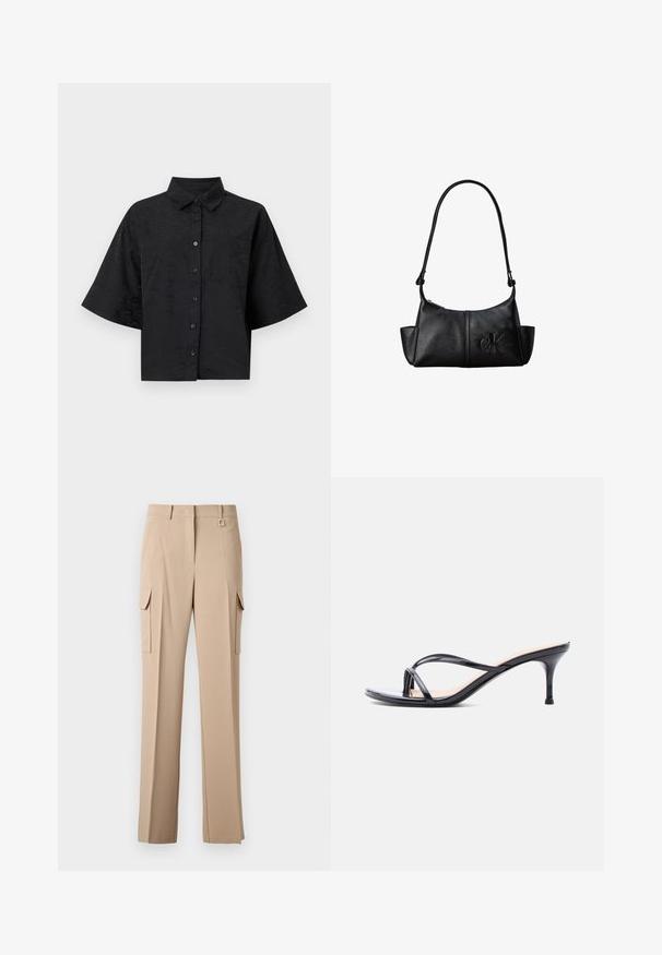 Schwarzes, kurzes Hemd mit Kragen, kurzen Ärmeln, Knopfverschluss und dezenter Wellenstruktur. Verfügt über eine einzelne Brusttasche.; Beige Cargo-Hosen mit zwei Seitentaschen, flachem Vorderteil und einem quadratischen Metallakzent am Bund. Hergestellt aus einem glatten, leichten Stoff.; Schwarze Peeptoe-Sandale aus Lackleder mit dünnen, gekreuzten Riemen und einem schlanken, mittelhohen Stilettoabsatz vor weißem Hintergrund.; Schwarze Leder-Schultertasche mit langem Träger, Seitentaschen und eingeprägtem Calvin Klein-Logo auf der Vorderseite.