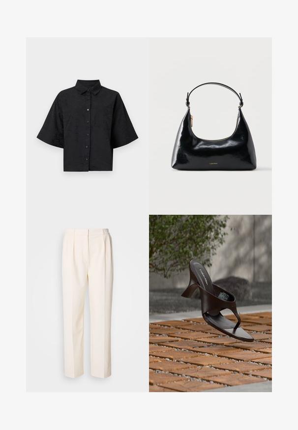Zwarte cropped shirt met een kraag, korte mouwen, knoopsluiting en subtiele golftextuur details. Bevat een enkele borstzak.; Lacoste Broek - lapland; Bruine Calvin Klein teenslipper met hak, hangend boven houten tegels en grind op een buitenvloer met een vage achtergrond van groen en stenen.; Zwarte glanzende Calvin Klein handtas met gouden rits en korte band tegen een effen witte achtergrond.