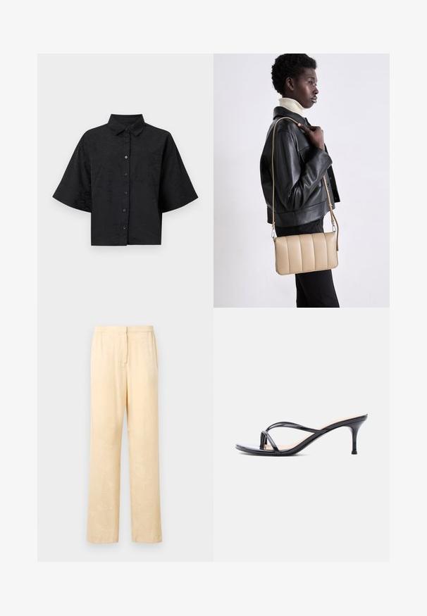 Zwarte cropped shirt met een kraag, korte mouwen, knoopsluiting en subtiele golftextuur details. Bevat een enkele borstzak.; Lichtgele, loszittende broek met een subtiel bladerenpatroon. Voorzien van een elastische tailleband en een recht model. Glad textuur.; Zwarte laklederen sandaal met hakken, dunne gekruiste bandjes en een slanke, middelhoog stilettohak op een witte achtergrond.; Beige leren crossbody tas met een gequilt ontwerp, rechthoekige vorm, dunne schouderband en zilverkleurige hardware, gedragen door een persoon in een zwarte jas.