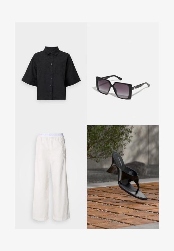 Chemise noire raccourcie avec un col, des manches courtes, une fermeture à boutons et un léger motif en vague. Elle comporte une poche poitrine unique.; Pantalons larges blancs avec une taille élastique arborant un logo Calvin Klein en contraste. Fabriqués à partir d'un tissu lisse, ils offrent une coupe décontractée.; Sandale à talon noire Calvin Klein en forme de tongs flottant au-dessus d'une surface extérieure carrelée avec de la verdure et un mur en béton en arrière-plan.; Lunettes de soleil noires carrées avec des verres gris dégradés. Montures brillantes avec des lignes épurées. Accent logo argenté sur les branches.