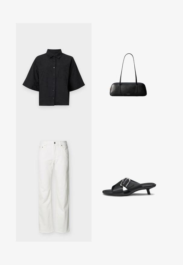 Zwarte cropped shirt met een kraag, korte mouwen, knoopsluiting en subtiele golftextuur details. Bevat een enkele borstzak.; Witte jeans met rechte pijpen, voorzakken, riemlussen, knoopsluiting en zichtbare stiksels tegen een effen achtergrond.; Zwarte leren sandalen met een lage kittenhak, brede gekruiste banden en een grote zilveren gespsluiting aan de zijkant.; Zwarte rechthoekige leren handtas met lange dunne bandjes en een gouden "Calvin Klein"-logo in het midden voor.