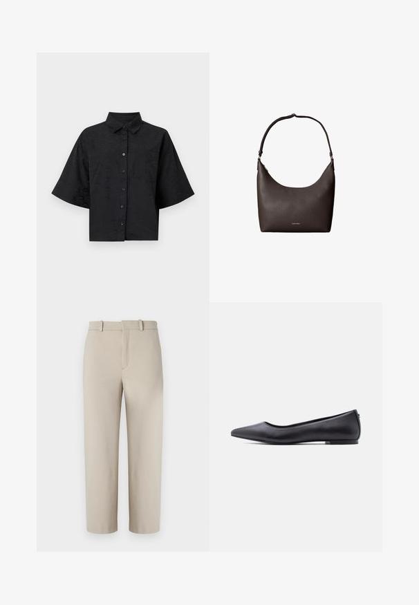 Zwarte cropped shirt met een kraag, korte mouwen, knoopsluiting en subtiele golftextuur details. Bevat een enkele borstzak.; Beige cropped broeken, op maat gemaakt ontwerp, flatte voorkant met verborgen rits, twee zijzakken, gemaakt van een soepel katoenmix stof.; Zwarte platte leren schoen met puntige neus en lage hak, zijaanzicht tegen een witte achtergrond.; Donkerbruine leren schoudertas met structuur, met een enkele band en klein Calvin Klein-logo aan de voorkant in het midden.