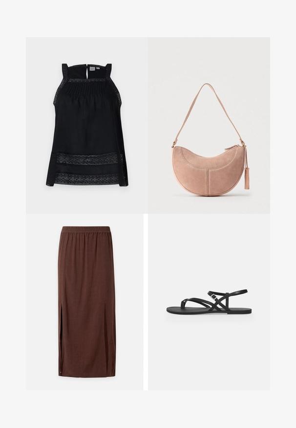 Top noir sans manches avec bordure en dentelle transparente, buste plissé et dos en trou de serrure. Tissu doux avec une forme lâche et fluide.; Jupe midi marron avec ceinture élastique et fentes latérales, fabriquée en tissu léger.; Sandale plate noire avec fines brides, boucle réglable à la cheville et bride pour l’orteil sur un fond gris clair uni.; Sac à main en suède rose avec une forme courbée en demi-lune, une seule bandoulière et une fermeture à glissière. Caractéristiques de coutures décoratives et un pompon en guise d'accent.