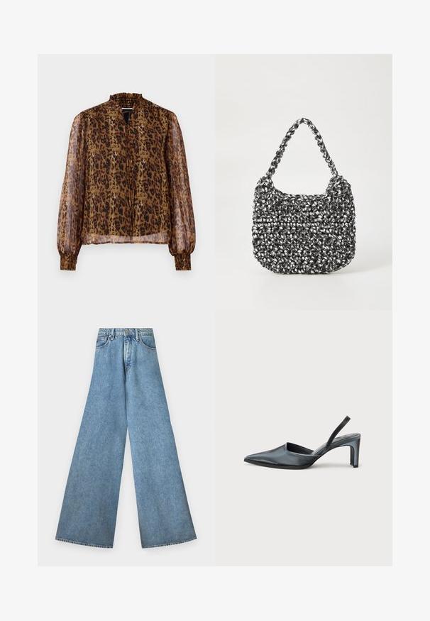 Bruine doorschijnende blouse met luipaardprint, hoge gerimpelde halslijn en lange puffmouwen. Voorzien van elastische manchetten en een sleutelgat aan de voorkant.; Good American PANELED WIDE LEG - Wide leg - indigo; Zwarte slingback hak met een puntige neus, een gladde satijnen afwerking en een slanke hak van 7,5 cm. Open zijkantontwerp met minimale stikdetails.; Geweven handtas in zwart en wit met een ronde vorm, gestructureerd oppervlak en een gevlochten handvat. Geschikt voor dagelijks gebruik.
