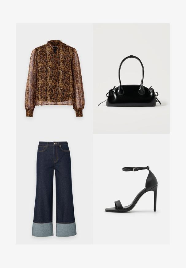 Brun gennemsigtig bluse med leopardprint, høj flæsekrave og lange pufærmer. Har elastiske manchetter og en nøglehulslukning foran.; Bredde jeans lavet af mørk denim, med en lysere denimmanchet. Designet omfatter forlommer og kontrastsyningsdetaljer.; Sort højhælet sandal med et sleek design, der har en ankelrem, åben tå og glat lædertekstur.; Lille sort blank håndtaske med to lange håndtag og snøre-detaljer i siden på en ensfarvet lys baggrund.