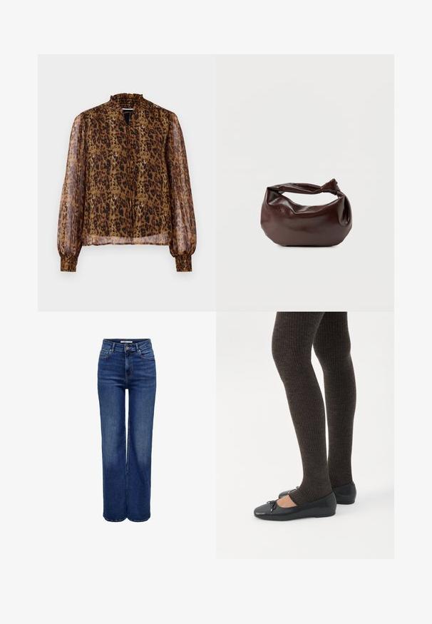Brun gennemsigtig bluse med leopardprint, høj flæsekrave og lange pufærmer. Har elastiske manchetter og en nøglehulslukning foran.; Jeans med høj talje og vide ben i mørkeblå denim, med knaplukning, fem lommer og kontrastsyninger.; Ben iført mørke ribbede leggings kombineret med sorte balletsko med små sløjfedetaljer på hvid baggrund.; Mørkebrun læder skuldertaske med en blød, afslappet form og et snoet knudehåndtag på en ensartet hvid baggrund.