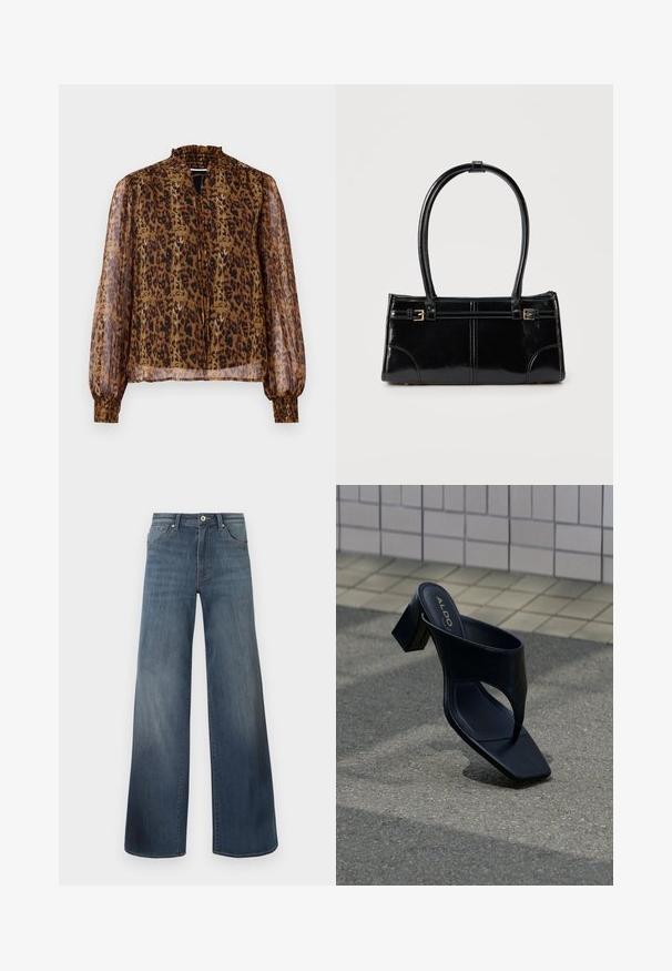 Brun gennemsigtig bluse med leopardprint, høj flæsekrave og lange pufærmer. Har elastiske manchetter og en nøglehulslukning foran.; Bredde denim jeans i mørkeblå, med en slidteknik, knaplukning og fem-lomme stil. Glat tekstur, minimal syning detaljer.; Sort hælsandal med firkantet tå og bred rem, placeret på grå asfalt nær flisebelagt væg.; Glansfuld sort rektangulær håndtaske med to tynde skulderremme og små guldbeslag foran.