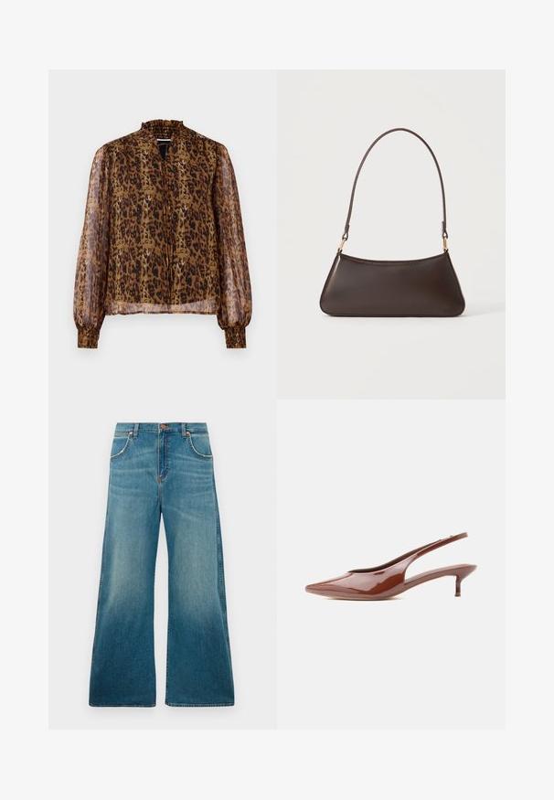 Brun gennemsigtig bluse med leopardprint, høj flæsekrave og lange pufærmer. Har elastiske manchetter og en nøglehulslukning foran.; Højtaljede blå denimjeans med brede ben, frontlommer, knaplukning og en falmet farvegradient fra talje til kant.; Blank brun slingback kitten heel med spids tå og lav, slank hæl på hvid baggrund.; Mørkebrun læderhåndtaske med en buet toplynlås og en tynd skulderrem med guldfarvede låse på en ensfarvet baggrund.