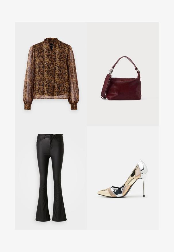 Blouse transparente marron avec imprimé léopard, col haut froncé et longues manches bouffantes. Dispose de poignets élastiqués et d'un décolleté en forme de clé à l'avant.; Jean évasé noir en tissu brillant et lisse. Comprend une taille haute, des poches avant, et une braguette zippée avec un bouton de fermeture.; Chaussure à talon aiguille à bout pointu avec un schema de couleurs argent, or et nude. Fini brillant avec un design découpé, dotée d'un talon stiletto.; Petit sac à main rectangulaire bordeaux avec finition texturée, poignée courte et bandoulière amovible sur un fond clair uni.