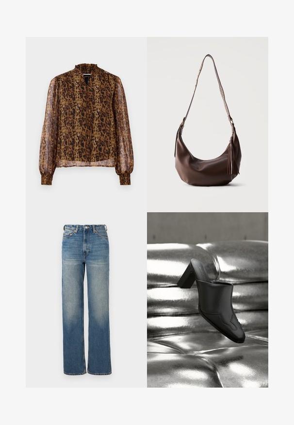 Blusa marrón transparente con estampado de leopardo, cuello alto con volantes y mangas largas abullonadas. Cuenta con puños elásticos y un ojal en la parte delantera.; Vaqueros de talle alto y pernera ancha en denim azul claro con un ligero desgastado, diseño de cinco bolsillos y acentos de metal.; Mula de cuero negro con tacón ancho descansando sobre una superficie plateada brillante acolchada, destacando su diseño elegante y detalles curvados.; Bolso de hombro de cuero marrón con tachuelas doradas en la correa y cremallera con borla de cuero, mostrado sobre un fondo liso.