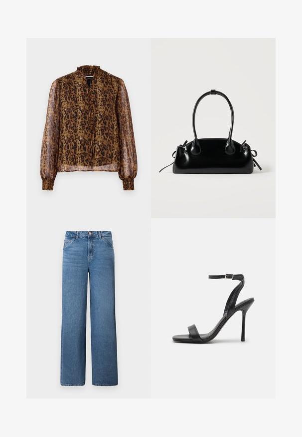Blusa marrón transparente con estampado de leopardo, cuello alto con volantes y mangas largas abullonadas. Cuenta con puños elásticos y un ojal en la parte delantera.; Jeans de mezclilla de tiro alto en azul claro y perneras anchas, con cremallera oculta y cierre de botón, y costura distintiva en los bolsillos frontales.; Sandalia negra de tacón alto con una correa delgada en el tobillo y dos bandas en la parte frontal. Hecha de cuero suave con una punta afilada y tacón de aguja.; Pequeño bolso negro brillante con dos asas largas y detalles de cordón lateral sobre un fondo claro liso.
