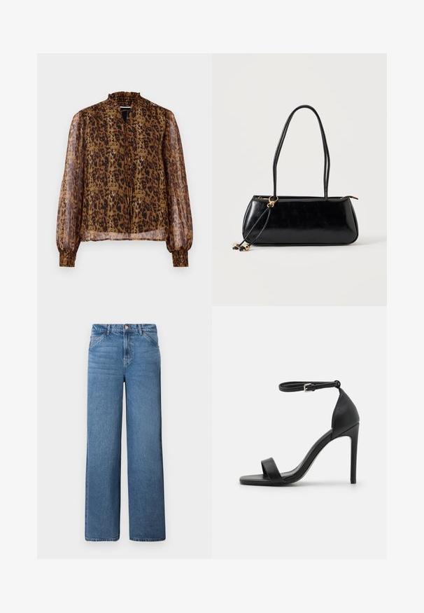 Blouse transparente marron avec imprimé léopard, col haut froncé et longues manches bouffantes. Dispose de poignets élastiqués et d'un décolleté en forme de clé à l'avant.; Jean large en denim bleu clair à taille haute, avec une fermeture éclair dissimulée et un bouton, et des coutures de poche avant distinctes.; Sandale noire à talons hauts au design épuré, avec une bride au niveau de la cheville, un bout ouvert et une texture en cuir lisse.; Sac à main rectangulaire noir avec deux longues bandoulières, détail anneau doré et fermeture éclair sur un fond clair uni.