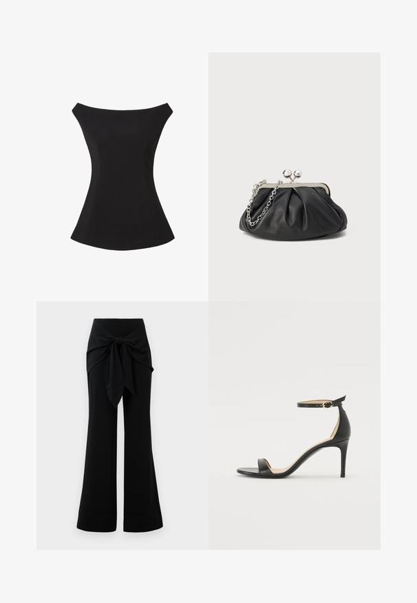 Haut noir décolleté épaules avec un corsage cintré et un ourlet évasé. Tissu lisse et extensible avec des lignes épurées et aucune fermeture visible.; Pantalons larges noirs avec un détail de lien à la taille. Fabriqués en tissu doux, avec une texture lisse et des lignes épurées. Ourlet légèrement évasé.; Sandale à talons hauts en cuir noir avec une lanière de cheville. Présente une texture lisse, un bout ouvert et un talon fin. Détail de boucle en ton doré.; Porte-monnaie en cuir noir avec texture froncée, cadre en métal argenté, fermeture à verrouillage kiss-lock et bandoulière en chaîne. Surface lisse et douce.