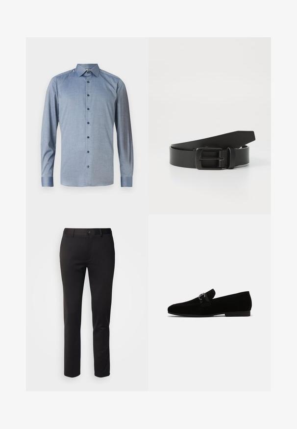 Chemise à manches longues bleu clair avec un motif subtil, col, devant entièrement boutonné et boutons bleu foncé. Texture de tissu lisse.; Pantalons noirs en tissu lisse, avec une coupe droite, fermeture à bouton à l'avant et passants de ceinture, présentés sur un fond blanc.; Mocassins en daim noir avec un petit talon, ornés d'une sangle en tissu et d'une boucle en argent décorative. Texture lisse, design à bout pointu.; Ceinture en cuir noir avec une boucle en métal noir mat, présentant une texture lisse et un design simple. Longueur réglable avec une extrémité effilée.