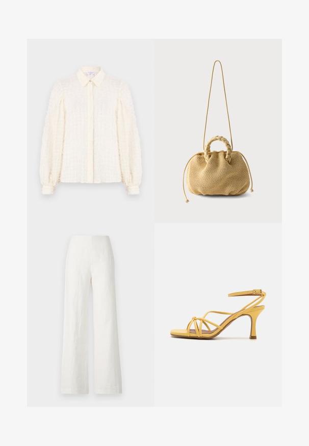 Blouse blanche avec un motif en grille texturé, dotée d'un col, d'une fermeture à boutons sur le devant, et de manches bouffantes avec des poignets élastiques. Tissu léger et aérien.; Pantalons larges en lin blanc avec une texture lisse et une taille haute. Présente une silhouette simple et épurée sans embellissements.; Billi Bi Sandales - buttermilk; Sac à main tissé beige avec poignées supérieures tressées, côtés à cordon de serrage et une longue bandoulière fine sur fond blanc uni.
