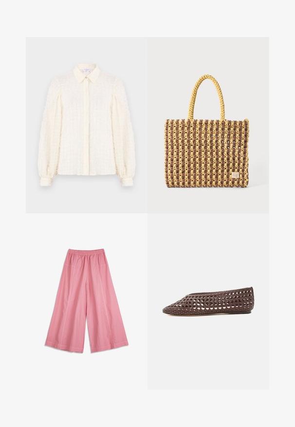 Blouse blanche avec un motif en grille texturé, dotée d'un col, d'une fermeture à boutons sur le devant, et de manches bouffantes avec des poignets élastiques. Tissu léger et aérien.; Pantalon ample rose avec taille élastique et poches latérales, présenté à plat sur un fond blanc.; Chaussure plate marron avec un motif ajouré tissé et un bout rond fermé, vue de profil sur un fond clair.; Sac tissé marron et jaune, de forme rectangulaire, avec deux poignées, et une finition texturée avec des coutures visibles et une étiquette de marque.