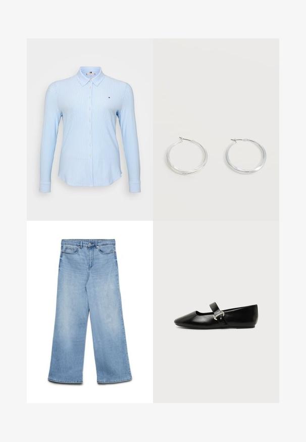 Lyseblå langærmet skjorte med lodrette hvide striber, knaplukning, klassisk krave og et lille logo på brystet.; Lyseblå vidde jeans med knap- og lynlåslukning foran, bæltestropper samt forlommer og møntlomme.; Sort læder Mary Jane-flad sko med rundet tå og sølvspænde på ensfarvet baggrund.; Sølvfarvede metaloorringe med glat, let buet overflade og låsemekanisme på en ensfarvet hvid baggrund.